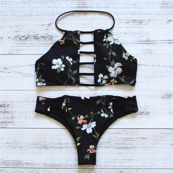 Other - Black Floral Halter Bikini